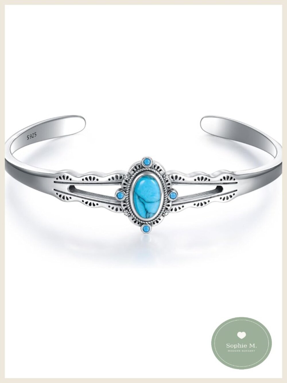 925 Sterling Silver Turquoise Bracelet Adjustable Cuff Bangle Handmade